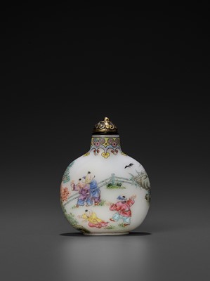 Lot 390 - AN IMPERIAL ENAMELED WHITE GLASS ‘BOYS’ SNUFF BOTTLE, QIANLONG MARK AND PERIOD