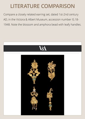 Lot 91 - A PAIR OF LAPIS LAZULI AND GARNET INLAID GOLD ‘AMPHORA’ EARRINGS, TAXILA, INDO-GREEK RULE, HELLENISTIC PERIOD