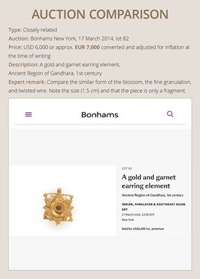 Lot 91 - A PAIR OF LAPIS LAZULI AND GARNET INLAID GOLD ‘AMPHORA’ EARRINGS, TAXILA, INDO-GREEK RULE, HELLENISTIC PERIOD