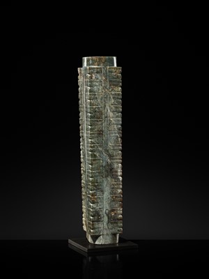 Lot 60 - AN EXCEEDINGLY RARE AND VERY LARGE THIRTEEN-TIERED GREEN JADE CONG, NEOLITHIC PERIOD, LIANGZHU CULTURE