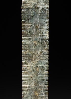 Lot 60 - AN EXCEEDINGLY RARE AND VERY LARGE THIRTEEN-TIERED GREEN JADE CONG, NEOLITHIC PERIOD, LIANGZHU CULTURE