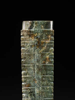 Lot 60 - AN EXCEEDINGLY RARE AND VERY LARGE THIRTEEN-TIERED GREEN JADE CONG, NEOLITHIC PERIOD, LIANGZHU CULTURE