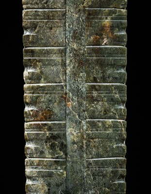 Lot 60 - AN EXCEEDINGLY RARE AND VERY LARGE THIRTEEN-TIERED GREEN JADE CONG, NEOLITHIC PERIOD, LIANGZHU CULTURE