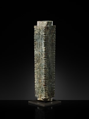 Lot 60 - AN EXCEEDINGLY RARE AND VERY LARGE THIRTEEN-TIERED GREEN JADE CONG, NEOLITHIC PERIOD, LIANGZHU CULTURE