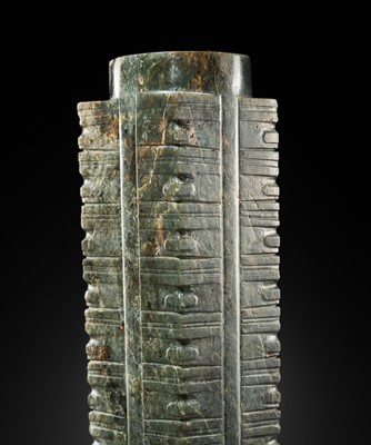 Lot 60 - AN EXCEEDINGLY RARE AND VERY LARGE THIRTEEN-TIERED GREEN JADE CONG, NEOLITHIC PERIOD, LIANGZHU CULTURE