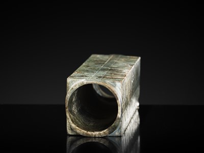 Lot 60 - AN EXCEEDINGLY RARE AND VERY LARGE THIRTEEN-TIERED GREEN JADE CONG, NEOLITHIC PERIOD, LIANGZHU CULTURE