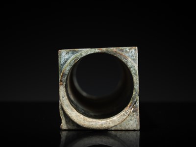 Lot 60 - AN EXCEEDINGLY RARE AND VERY LARGE THIRTEEN-TIERED GREEN JADE CONG, NEOLITHIC PERIOD, LIANGZHU CULTURE