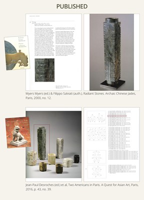 Lot 60 - AN EXCEEDINGLY RARE AND VERY LARGE THIRTEEN-TIERED GREEN JADE CONG, NEOLITHIC PERIOD, LIANGZHU CULTURE