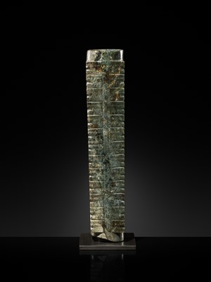 Lot 60 - AN EXCEEDINGLY RARE AND VERY LARGE THIRTEEN-TIERED GREEN JADE CONG, NEOLITHIC PERIOD, LIANGZHU CULTURE