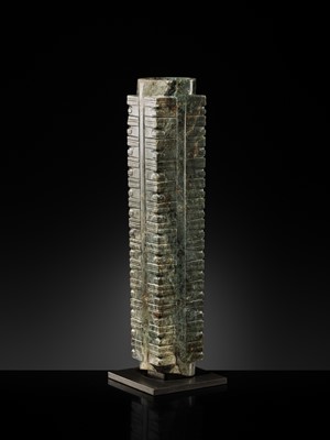 Lot 60 - AN EXCEEDINGLY RARE AND VERY LARGE THIRTEEN-TIERED GREEN JADE CONG, NEOLITHIC PERIOD, LIANGZHU CULTURE