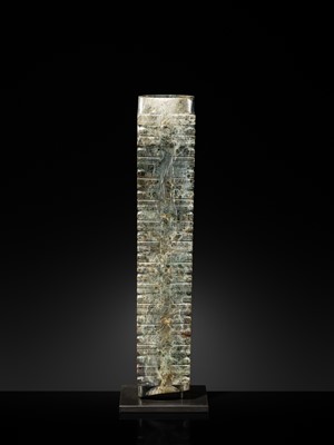 Lot 60 - AN EXCEEDINGLY RARE AND VERY LARGE THIRTEEN-TIERED GREEN JADE CONG, NEOLITHIC PERIOD, LIANGZHU CULTURE