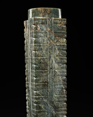 Lot 60 - AN EXCEEDINGLY RARE AND VERY LARGE THIRTEEN-TIERED GREEN JADE CONG, NEOLITHIC PERIOD, LIANGZHU CULTURE