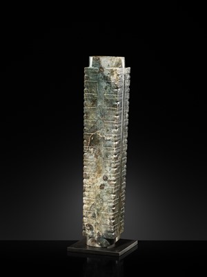 Lot 60 - AN EXCEEDINGLY RARE AND VERY LARGE THIRTEEN-TIERED GREEN JADE CONG, NEOLITHIC PERIOD, LIANGZHU CULTURE