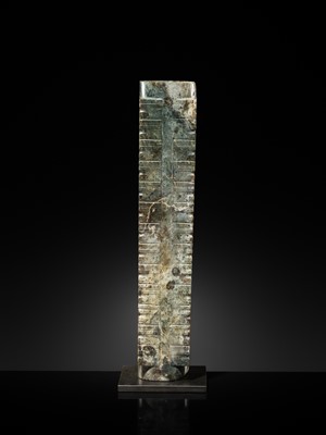 Lot 60 - AN EXCEEDINGLY RARE AND VERY LARGE THIRTEEN-TIERED GREEN JADE CONG, NEOLITHIC PERIOD, LIANGZHU CULTURE