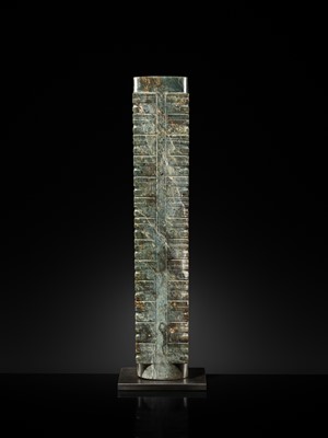 Lot 60 - AN EXCEEDINGLY RARE AND VERY LARGE THIRTEEN-TIERED GREEN JADE CONG, NEOLITHIC PERIOD, LIANGZHU CULTURE