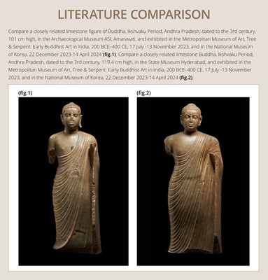 Lot 99 - AN EXCEEDINGLY RARE AND EXCEPTIONAL LIMESTONE FIGURE OF BUDDHA, AMARAVATI, ANDHRA PRADESH, IKSHVAKU DYNASTY, 225-325 CE