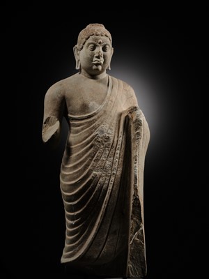 Lot 99 - AN EXCEEDINGLY RARE AND EXCEPTIONAL LIMESTONE FIGURE OF BUDDHA, AMARAVATI, ANDHRA PRADESH, IKSHVAKU DYNASTY, 225-325 CE