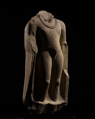 A LARGE AND HIGHLY IMPORTANT CHUNAR SANDSTONE TORSO OF THE BUDDHA, SARNATH, GUPTA PERIOD, 5TH CENTURY