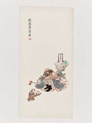 Lot 663 - A RARE PORTRAIT OF ‘BUDDHABHADRA AND MONKEY’, QING DYNASTY