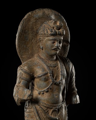 Lot 1478 - A GRAY SCHIST FIGURE OF MAITREYA, GANDHARA STYLE