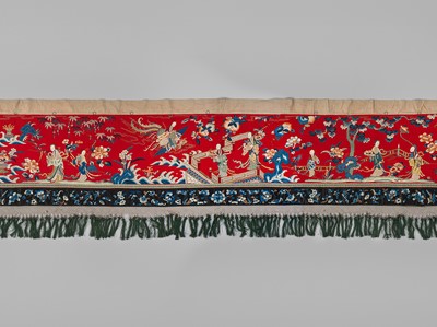 Lot 800 - A VERY LARGE (481 CM) EMBROIDERED RED SILK BANNER WITH COURTLY SCENES, REPUBLIC PERIOD