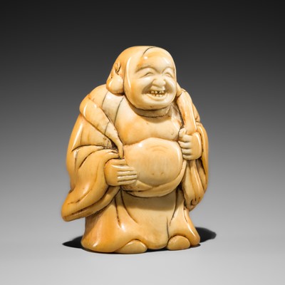 Lot 426 - AN EARLY IVORY INGYO (SEAL) NETSUKE OF HOTEI