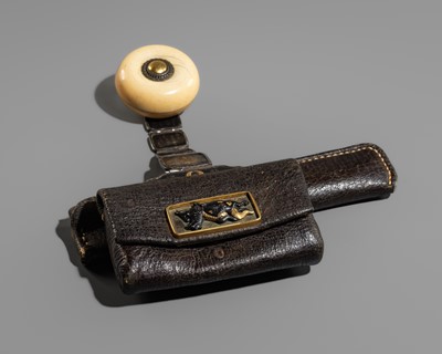 Lot 239 - YOSHIMASA: A LEATHER TABAKO-IRE (POUCH) WITH MIXED METAL FITTINGS