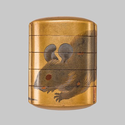 Lot 381 - A FOUR-CASE GOLD-LACQUER INRO OF TWO RATS, ATTRIBUTED TO SHIOMI MASANARI