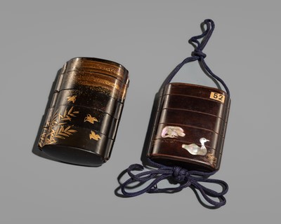 Lot 211 - A GROUP OF TWO FOUR-CASE INRO DEPICTING SWANS AND CHIDORI