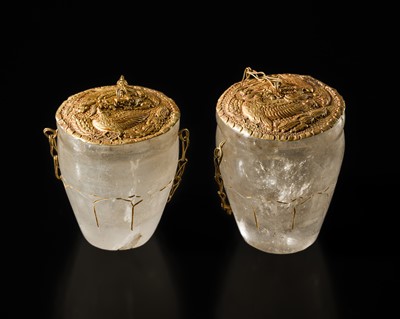 Lot 206 - A PAIR OF ROCK CRYSTAL CUPS WITH FINE GOLD REPOUSSÉ COVERS, LIAO DYNASTY