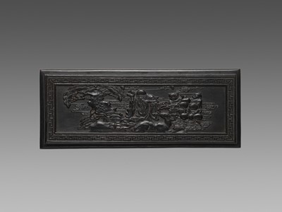 Lot 526 - A CARVED ZITAN TABLE-FORM ‘SHOULAO AND BOYS’ MINIATURE STAND, QING