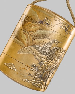 Lot 29 - SUNRYUSAI KIYOCHIKA: A FOUR-CASE GOLD LACQUER INRO WITH A PEACOCK AND CHERRY TREE