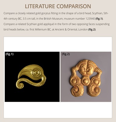 Lot 89 - TWO BIRD HEAD APPLIQUÉS, ONE GOLD AND ONE SILVER, SCYTHIAN, 4TH CENTURY BC