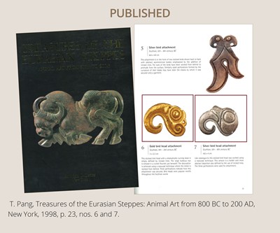 Lot 89 - TWO BIRD HEAD APPLIQUÉS, ONE GOLD AND ONE SILVER, SCYTHIAN, 4TH CENTURY BC