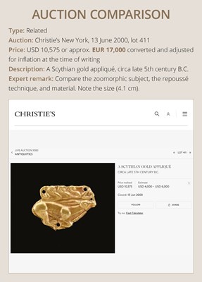 Lot 89 - TWO BIRD HEAD APPLIQUÉS, ONE GOLD AND ONE SILVER, SCYTHIAN, 4TH CENTURY BC