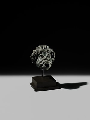 Lot 77 - A ROMAN BRONZE WATER SPOUT DEPICTING PAN, PROBABLY FROM A NYMPHAEUM, CIRCA 1ST–2ND CENTURY