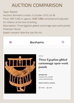 Lot 17 - A GILT MUMMY CASING FRAGMENT DEPICTING A FALCON, LATE PERIOD-PTOLEMAIC ERA