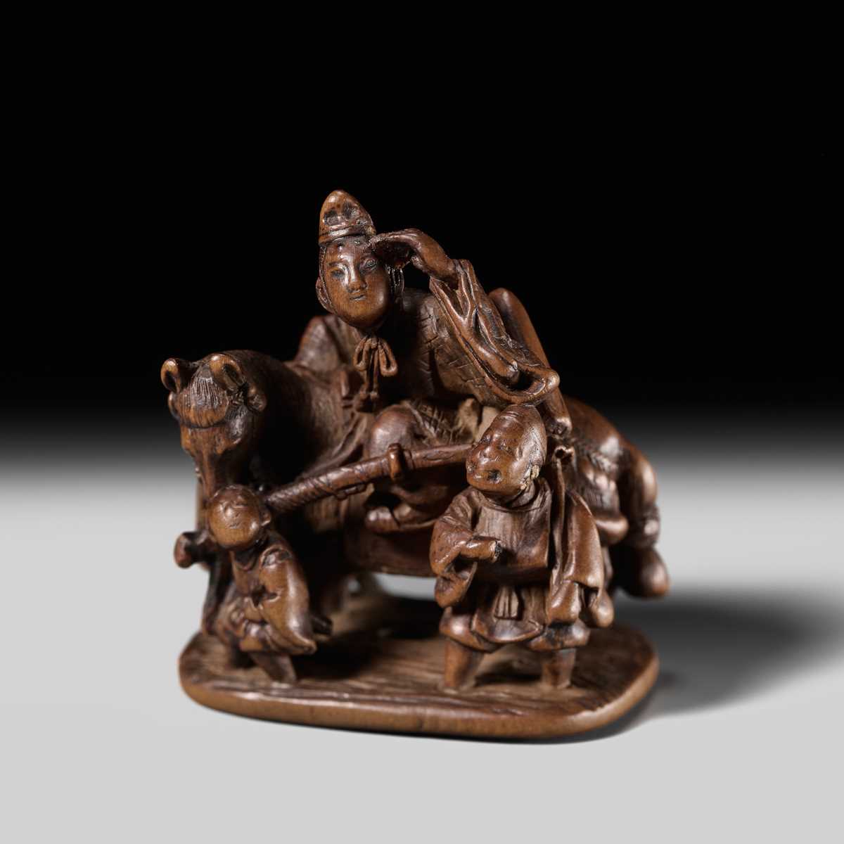 Lot 252 - HO RAKUMIN: A FINE WOOD NETSUKE OF ARIWARA