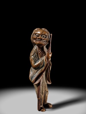 Lot 88 - A POWERFUL SAISHIKI NETSUKE OF SOZUKA BABA AS GAMA SENNIN, STYLE OF YOSHIMURA SHUZAN