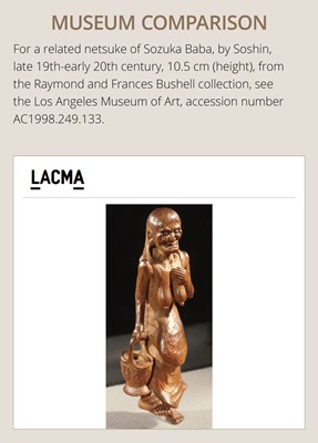 Lot 88 - A POWERFUL SAISHIKI NETSUKE OF SOZUKA BABA AS GAMA SENNIN, STYLE OF YOSHIMURA SHUZAN