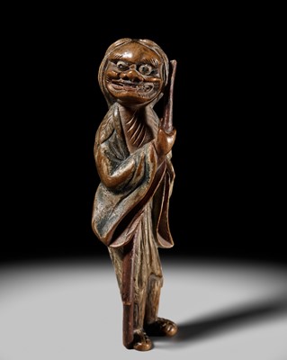 Lot 88 - A POWERFUL SAISHIKI NETSUKE OF SOZUKA BABA AS GAMA SENNIN, STYLE OF YOSHIMURA SHUZAN