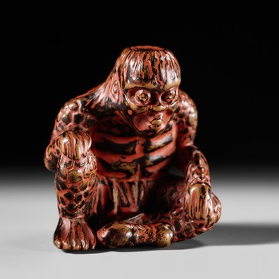 Lot 347 - A RARE NEGORO LACQUER NETSUKE OF A KAPPA WITH A CUCUMBER