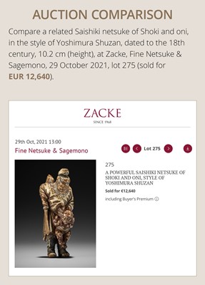 Lot 90 - A POWERFUL SAISHIKI NETSUKE OF SHOKI, ATTRIBUTED YOSHIMURA SHUZAN