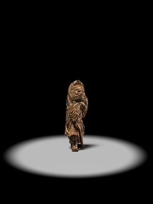 Lot 90 - A POWERFUL SAISHIKI NETSUKE OF SHOKI, ATTRIBUTED YOSHIMURA SHUZAN