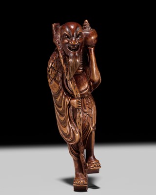 Lot 431 - A LARGE WOOD NETSUKE OF RAKAN HANDAKA SONJA