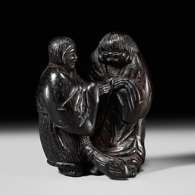 Lot 233 - A FINE EBONY WOOD NETSUKE OF KANZAN AND JITTOKU, STYLE OF KAGETOSHI
