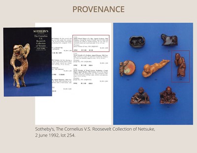 Lot 282 - GYOKUSO: A SUPERB SO SCHOOL INLAID WOOD NETSUKE OF A NOH ACTOR WEARING AN OKAME MASK