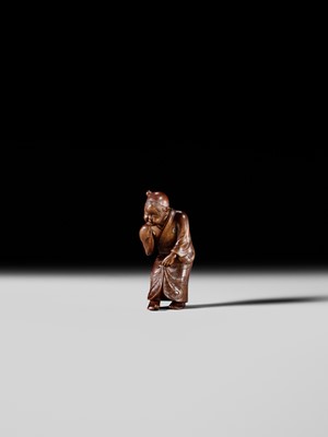Lot 282 - GYOKUSO: A SUPERB SO SCHOOL INLAID WOOD NETSUKE OF A NOH ACTOR WEARING AN OKAME MASK