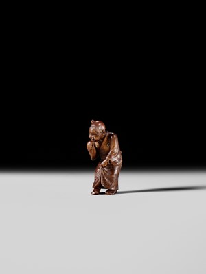 Lot 282 - GYOKUSO: A SUPERB SO SCHOOL INLAID WOOD NETSUKE OF A NOH ACTOR WEARING AN OKAME MASK