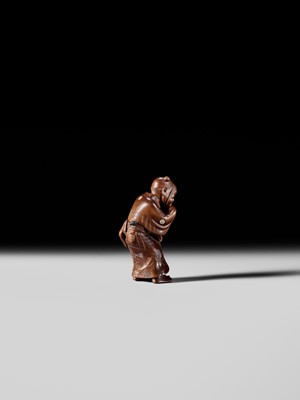 Lot 282 - GYOKUSO: A SUPERB SO SCHOOL INLAID WOOD NETSUKE OF A NOH ACTOR WEARING AN OKAME MASK